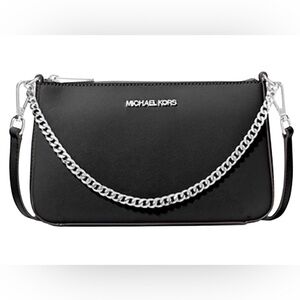 NEW Michael Kors Jet Set Black Medium Saffiano Leather Crossbody Silver Chain